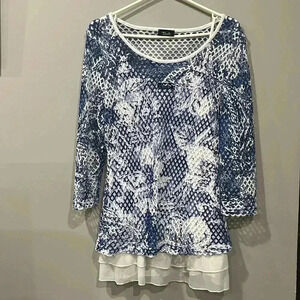 [M] Bali Corp  3/4 sleeve Blouse Layered made in Canada Blue White Mesh